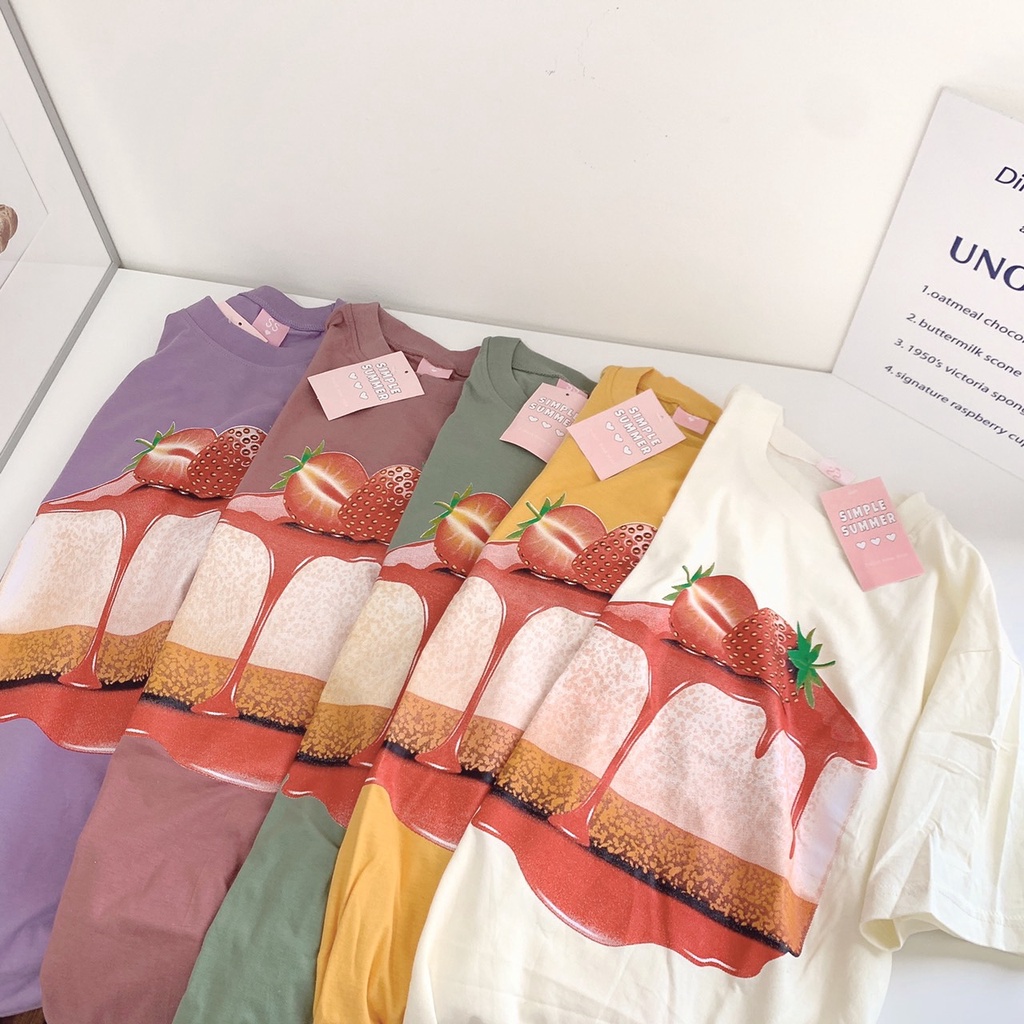S134 เสื้อยืด oversize ผ้าคอตตอน สกรีน strawberry cheesecake 🍓🧀🍰