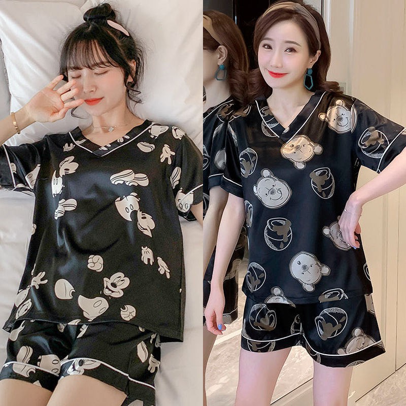 (ซื้อหนึ่งแถมหนึ่ง) ชุดนอนผ้าไหมน้ำแข็งผู้หญิงฤดูร้อนแขนสั้นการ์ตูน ...