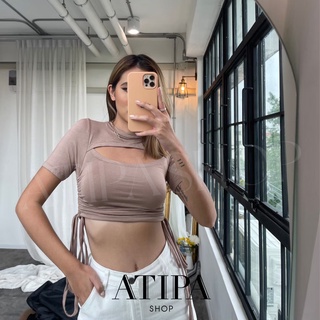 Atipashop - Riley crop เสื่อแขนสั้น รูดข้าง ทรงคอกลม ดีเทลเปิดอก