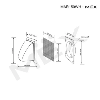 MEX MAR150WH ฝาครอบช่องระบายอากาศชนิดติดผนัง ขนาด 150 มม. (6 นิ้ว) แบบครอบกันละอองฝน