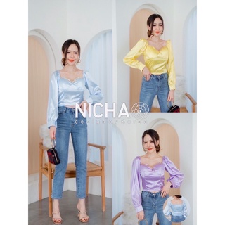 NICHA little home 🦋ครอปแขนยาว ผ้าซาติน เสริมฟองน้ำ แต่งโซ่รอบเต้านม มีสม็อคหลัง ✨💎