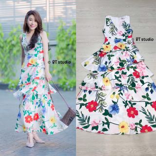 Maxi Dress แขนกุดลายดอกแต่งระบาย งานป้าย xs S M L