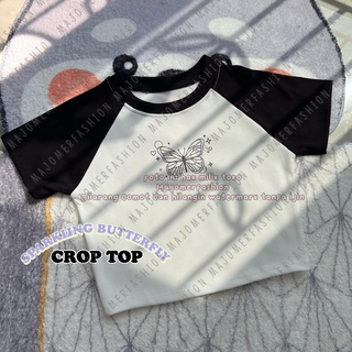 คุณผู้หญิง ® | Sparkling BUTTERFLY CROP TOP - เสื้อเชิ้ต RIB สําหรับผู้หญิง