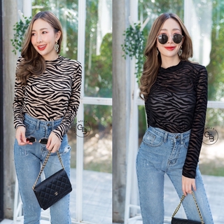 เสื้อ ครอป ZEBRA C2 BODYSUIT บอดี้สูทผ้าซีทรูลายม้าลาย ตรงลายเป็นกำมะหยี่นิ่มๆ