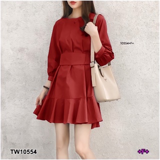 TW10554 Dress เดรสสีพื้นแขนตุ๊กตา ผ้าโฟร์เวย์ ชายเดรสระบาย มีสายผูกเอวแยกชิ้น สายจะผุกโบว์ไว้ด้านหน้า หรือด้านหลังก็ได้