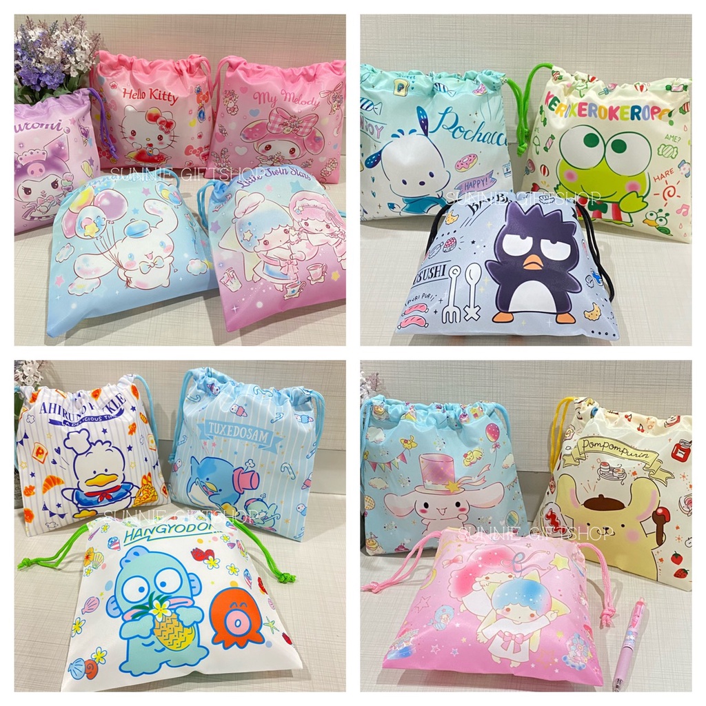 พร้อมส่ง ถุงผ้าหูรูดลายการ์ตูน ผ้าลื่น Kitty Melody Sanrio