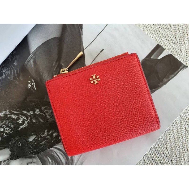 กระเป๋าสตางค์ ใบเล็ก ใบสั้น Tory Burch Emerson saffiano leather mini wallet 52902 สีแดง