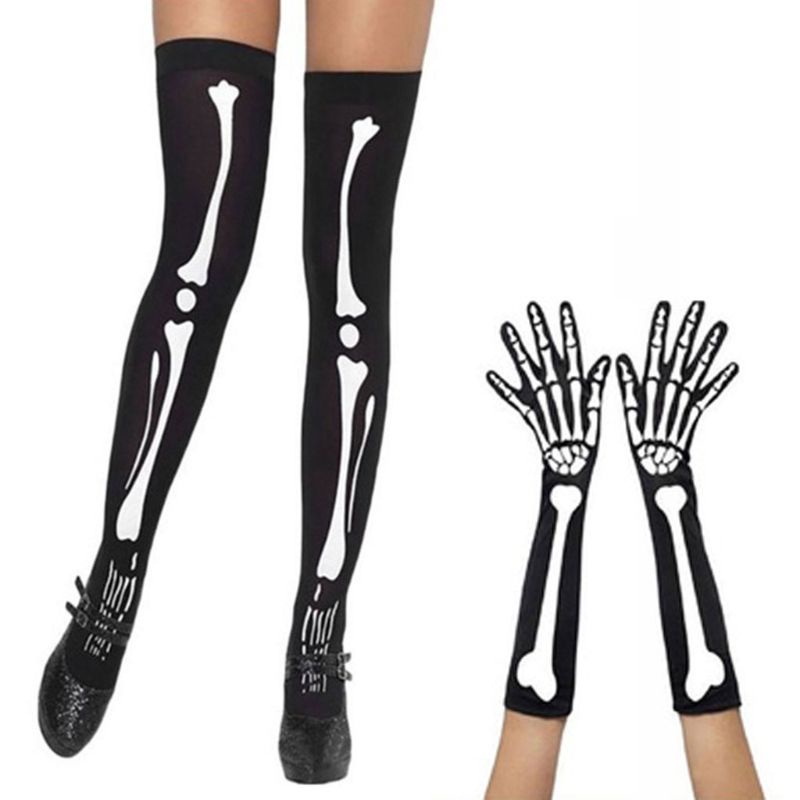 SOME Womens Halloween Cosplay Skull Skeleton Bone Gloves ถุงน่องต้นขาถุงเท้า