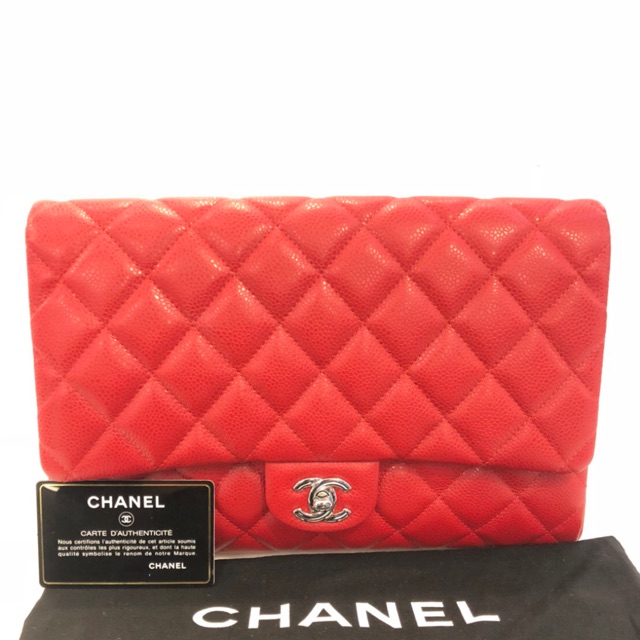 Used Chanel classic clutch red caviar shw