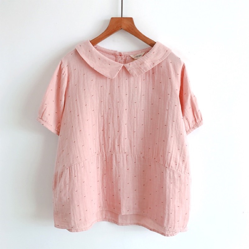 (4สี 48“) เสื้อคอบัว แขนสั้น กระดุมหลัง ผ้าฝ้ายสาลู 2 ชั้น เสื้อลำลอง สไตล์ญี่ปุ่น HerbieStyle