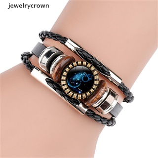 [jewelrycrown] สร้อยข้อมือหนังถัก ลายราศี 12 กลุ่มดาว สีดํา สําหรับผู้ชาย