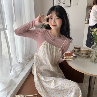 CHUUCHOP_ พร้อมส่ง(C1906-C1907)🧺🌷Amory pink tee&amp;dress เสื้อแขนยาวสีชมพู และเดรสสายเดี่ยว (ขายแยกชิ้น)