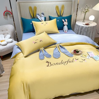 ชุดผ้าปูที่นอนสุดน่ารัก ดีไซน์หูกระต่าย สี Monochrome รุ่น RB01 (ผ้าปูมีระบาย+ปลอกหมอน+ปลอกผ้าห่ม) สีเหลือง