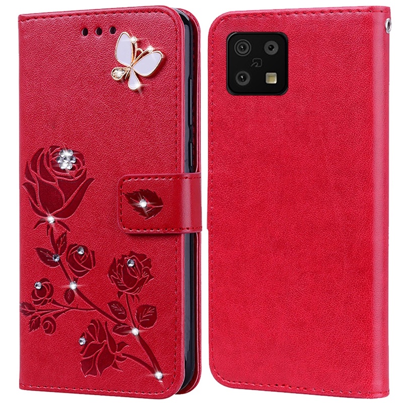 เพชรลายนูนพิมพ์ Rose สําหรับ Sharp Aquos Sense 6/Aquos Sense 5/Aquos E6 หนังสือหนังซิลิโคนเต็มรูปแบบ