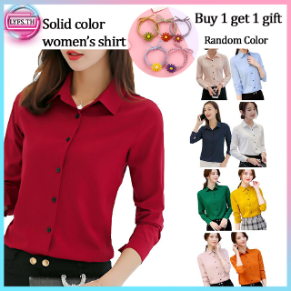 【ฟรีของขวัญ】เสื้อเชิ้ตแขนยาว ผ้าชีฟอง สีพื้น สไตล์เกาหลี พลัสไซซ์ สําหรับผู้หญิง S-XXL 【10 สี】 ???(Lyfs.th)