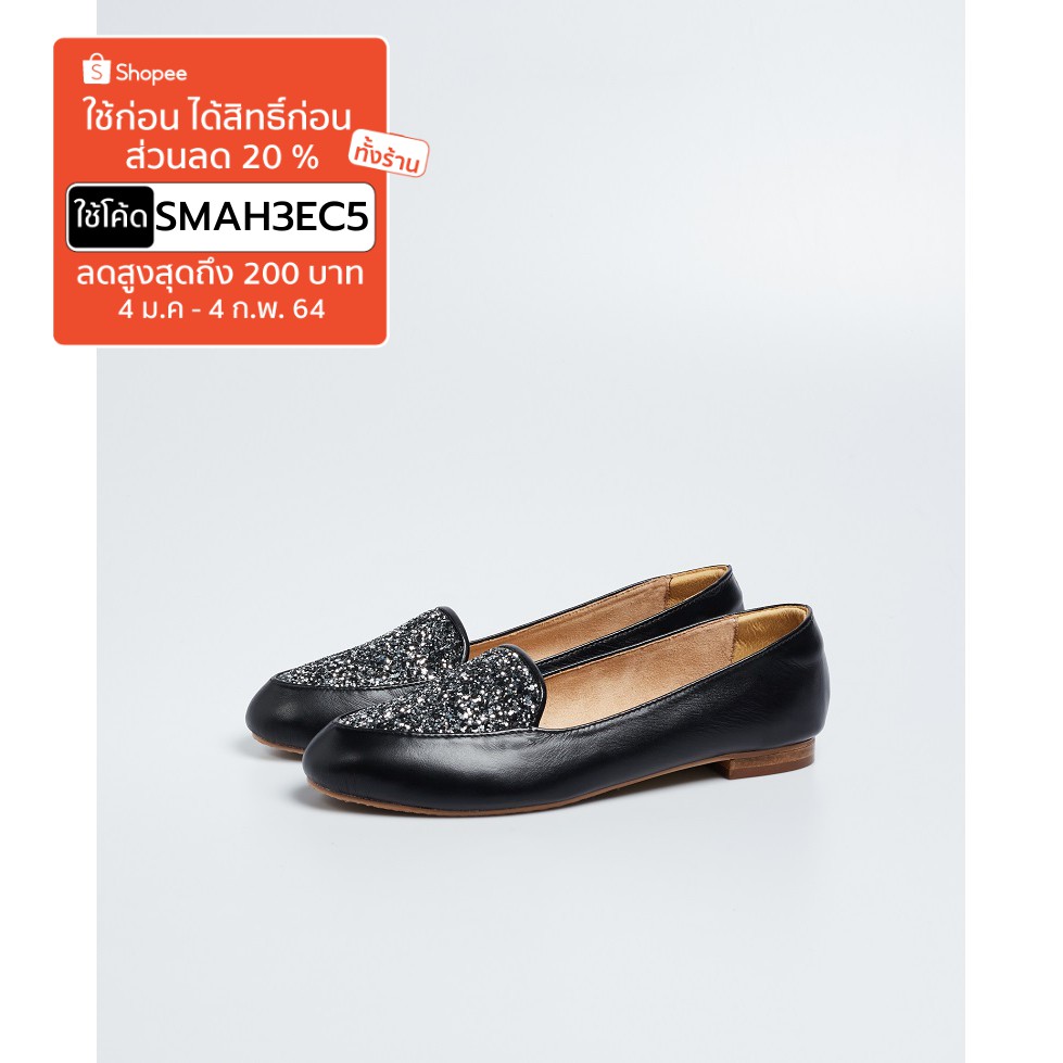 Fammshoes พร้อมส่ง รองเท้าคัชชู รุ่นหนังวัว+glitter สีดำเทา