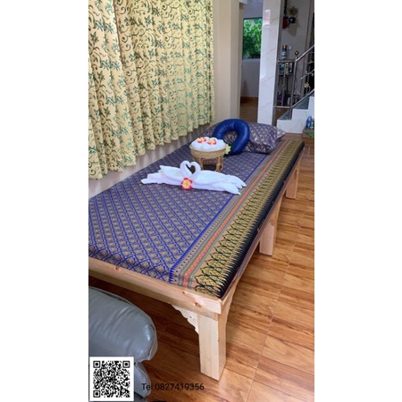 ผ้าปูไทยรองนวดลายไทยอโยธยาสีน้ำเงินขนาด100x200​ผ้าค็อต้อนพิมทองไม่เป็นขน