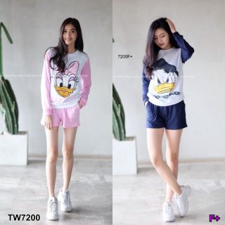 พร้อมส่ง เซต 2 ชิ้น เสื้อแขนยาวทูโทน + กางเกงขาสั้น สกรีนลายการ์ตูน