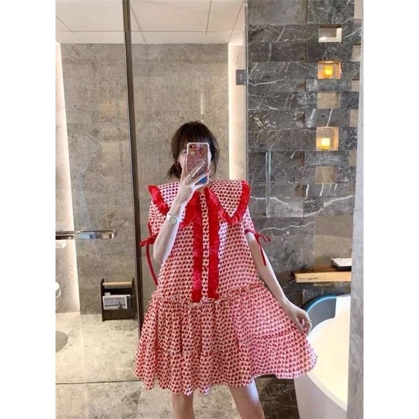 ♥️เดรสปกลายหัวใจแดง น่ารักมาก แขนผูกโบว์ - รูปที่ 2
