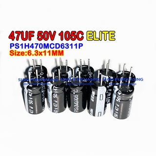 (จำนวน 10ชิ้น) 47UF 50V 105C ELITE SIZE 6.3X11MM. ขาสั้น สีดำ CAPACITOR คาปาซิเตอร์ PS1H470MCD6311P