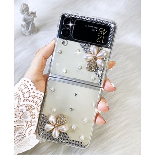 เคสโทรศัพท์มือถือ PC แข็ง แบบใส ลายดอกไม้ ประดับเพชรคริสตัล หรูหรา สําหรับ Samsung Galaxy Z Flip 4G 4 3 5G