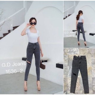 G.D.Jeans รุ่น 1536-2#กางเกงยีนส์ขายาวผ้ายืดทรงเดฟฟอกสีดำเทาฟอกขาดหน้าขาหน่วยๆแบบเก๋