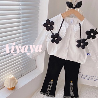 Aiyaya ชุดเสื้อผ้าเด็กผู้หญิง Set 2 ชิ้น เสื้อลายดอกใหญ่น่ารัก + กางเกงบาน（266）