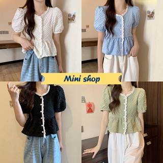 Mini shop🌸พร้อมส่ง🌸(60109) เสื้อไหมพรมแขนสั้น น่ารักสไตล์เกาหลี่มาก