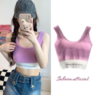 ✨Sakura.official✨C2050/#เสื้อกล้ามคอเหลี่ยม(alexandeWan)#เสื้อเเฟชั่นไหมพรมเเขนกุดแต่งขน