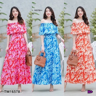 👗Pfashion [ส่งไว!!🚛] P16578 Maxi dress ระบายเปิดไหล่..