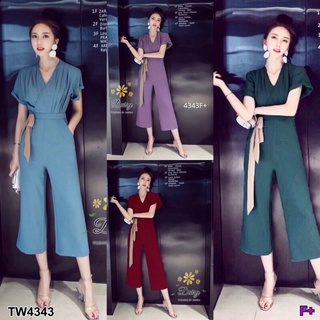 TW4343 Jumpsuit คอวี แต่งสายผูกสีน้ำตาล