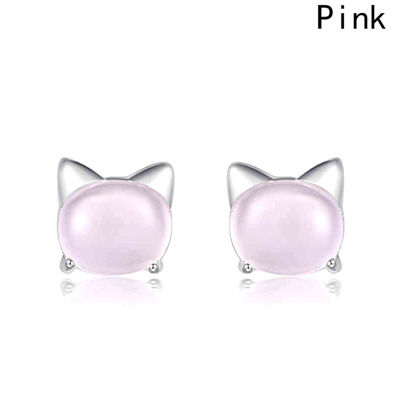 925 Silver Cute Cat Pink Furong Stone Stud Earrings For Women Girls Female Studs Earings Korean Fashion - 