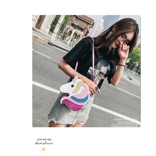 [CB130-สีชมพู] กระเป๋าสะพายข้าง รูปม้าน้ำ สีสะท้อนแสง ✨ฟรุ้งฟริ้งแวววาว✨ คุณภาพดี ทรงซิปรอบ