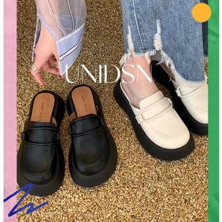 รายการสินค้าใหม่👡 รองเท้าหนังเปิดส้นผู้หญิง รองเท้าแตะ เป่าโถวครึ่งหนึ่น ไตล์อังกฤษแพลตฟอร์มป่ารอบนิ้วเท้าร Loafers