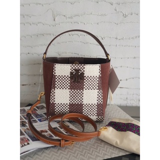 TORY BURCH MCGRAW WOVEN PLAID SMALL BUCKET BAG