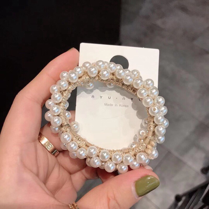 (พร้อมจัดส่งไทย) ยางรัดผมประดับไข่มุกสีทองหรูหรา Pearl รูปที่ 6