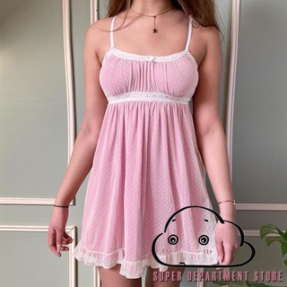 SUPER-Women Sexy Lace Dress Dot Spaghetti Strap Low-Cut Sleeveless Ruffle One-Piece