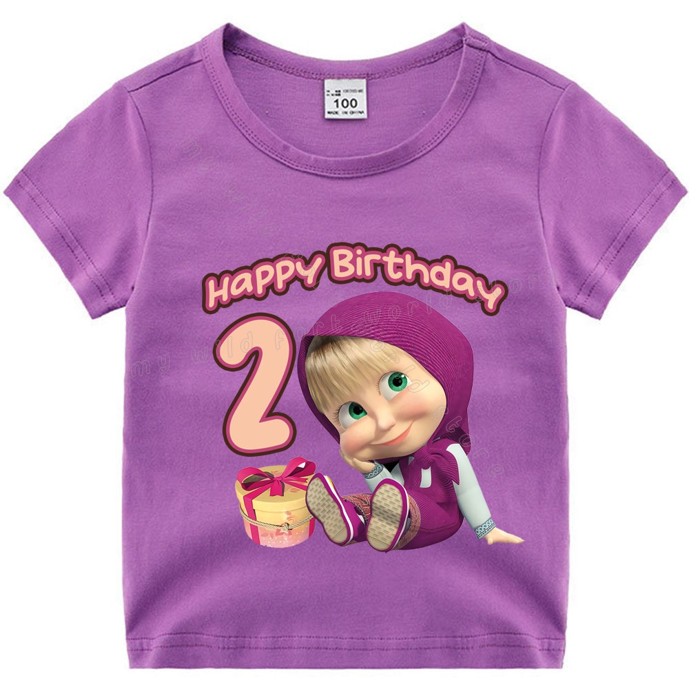 เสื้อยืดแขนสั้น พิมพ์ลายตัวเลข Masha and The Bear สีม่วง เหมาะกับของขวัญวันเกิด สําหรับเด็กผู้หญิง