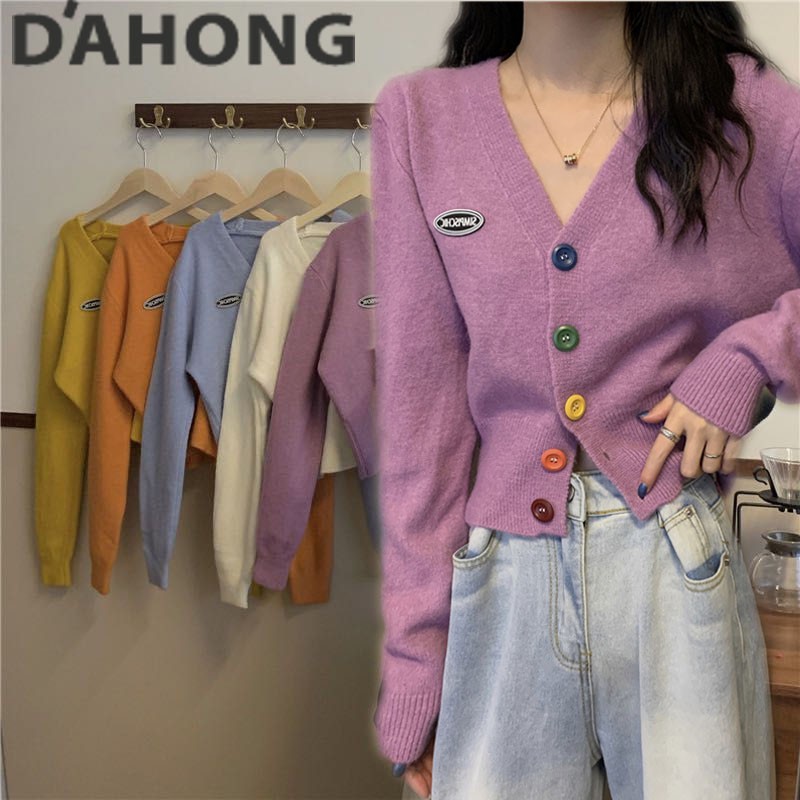 Dahong เสื้อครอปK101 เสื้อไหมพรม​คอวี cardigan รูปที่ 4