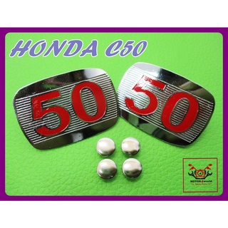 HONDA C50 SIDE COVER "ALUMINIUM" LH&amp;RH SET // โลโก้ฝากระเป๋าข้าง HONDA C50 อลูมิเนียม อักษรสีแดง  สินค้าคุณภาพดี