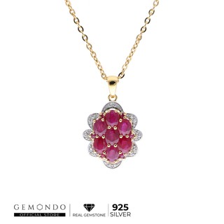 Gemondo สร้อยพร้อมจี้เงินแท้ 925 ชุบทอง 18K ประดับพลอยทับทิม (Ruby) และเพทาย (Zircon) ดีไซน์คลาสสิค ทรงช่อดอกไม้