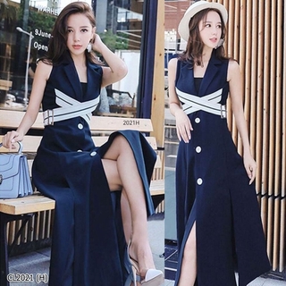 CL2021-NAVY แม็กซี่เดรส แขนกุด คอปกสูท คอวีแหวกลึก ด้านหน้าผ่าติดกระดุมสีขาวเม็ดใหญ่เก๋ๆด้านหน้าและด้านหลังตีเกล็ดทรงสวย