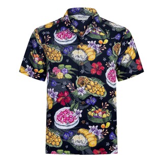 เสื้อฮาวาย ลายขนมไทย แบรนด์ Windwear ผ้าเรยอน Aloha Shirt KanomThai Black Blue Pink