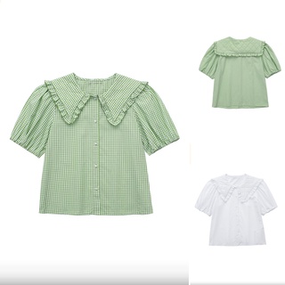 Zara22 เสื้อเชิ้ตแขนสั้น คอตุ๊กตา ลายสก๊อต ลดอายุ แฟชั่นฤดูร้อน3537030