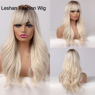 Long Womens Wigs with Bangs Ombre Brown Platinum Blonde Wigs Side Part Synthetic Wavy Wigs for African American Women