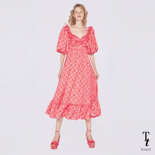 TandT - "RAHITI" TT Berry Retro Tapa Printed Puff Sleeves Maxi Dress เดรสยาวแขนพองสั้น ตกแต่งรูดระบาย 2 สี