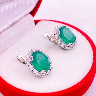 N6441 ต่างหูพลอยโมราแท้ ( Chrysoprase ) แบบอิงลิชล็อค ตัวเรือนเงินแท้ 925 ชุบทองคำขาว