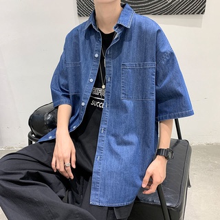 Jeans shirt เสื้อยีนส์ เสื้อเชิ้ตยีนส์ เสื้อเชิ้ตแขนสั้น เชิ้ตยีนส์แขนสั้น เสื้อผ้าแฟชั่นชาย เสื้อยีนส์ลำลองสไตล์เกาหลี