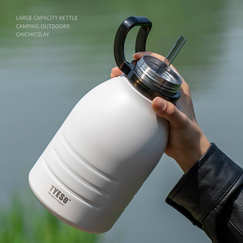 Tyeso สูญญากาศ1.5L/1.9L ขวดน้ำขนาดใหญ่ ขวดน้ำเก็บความร้อน - เย็น แก้วสแตนเลส มีหูจับพกพาง่าย พร้อมสายสะพาย