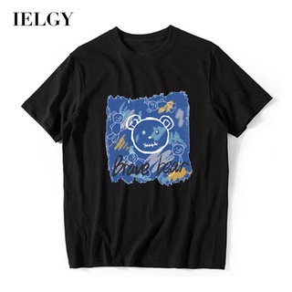 Ielgy เสื้อยืดแขนสั้น ผ้าฝ้าย พิมพ์ลายการ์ตูนหมี ทรงหลวม สไตล์เรโทร สําหรับผู้ชาย